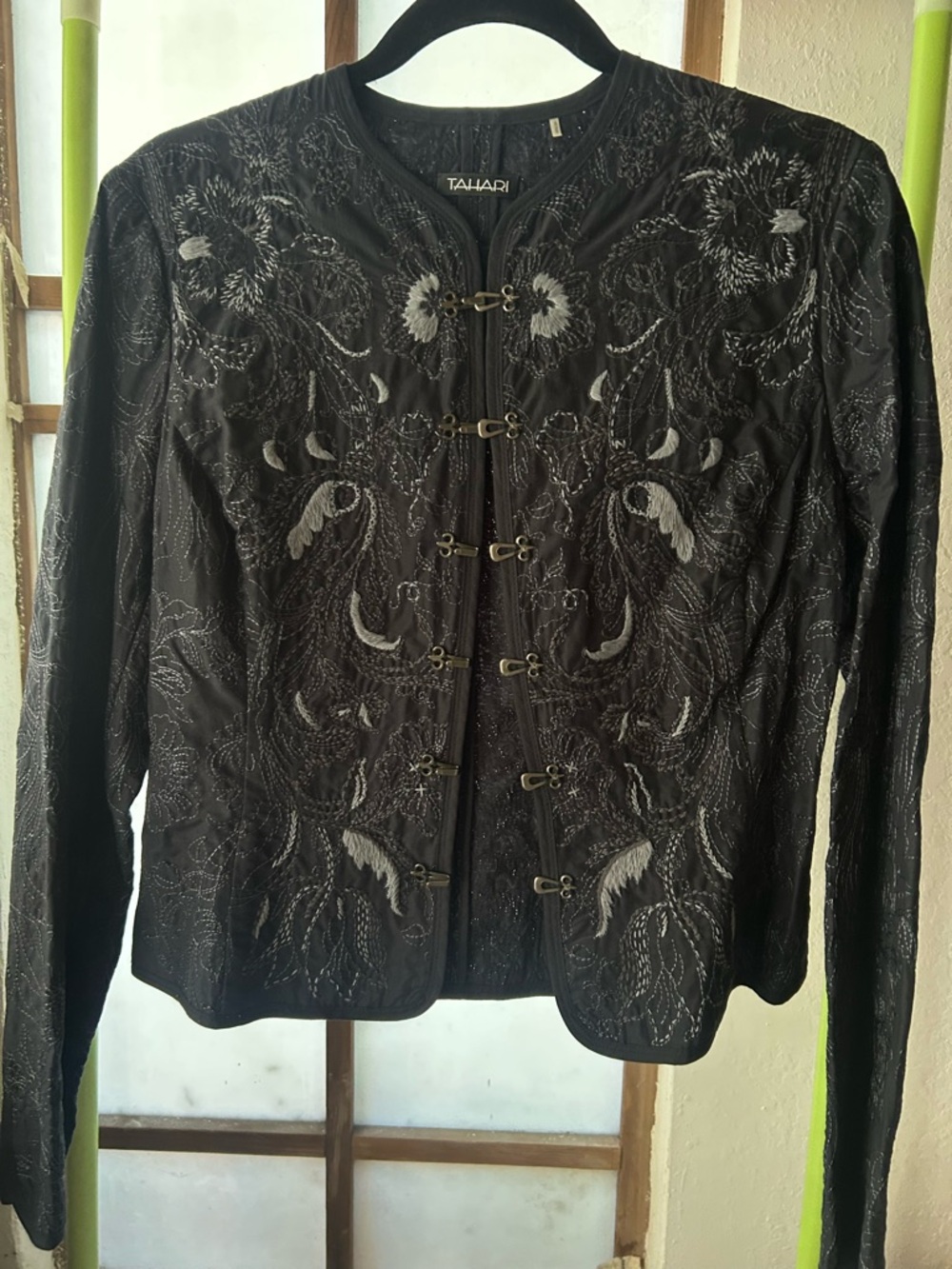 Tahari Black Embroidered Hook-Front Jacket